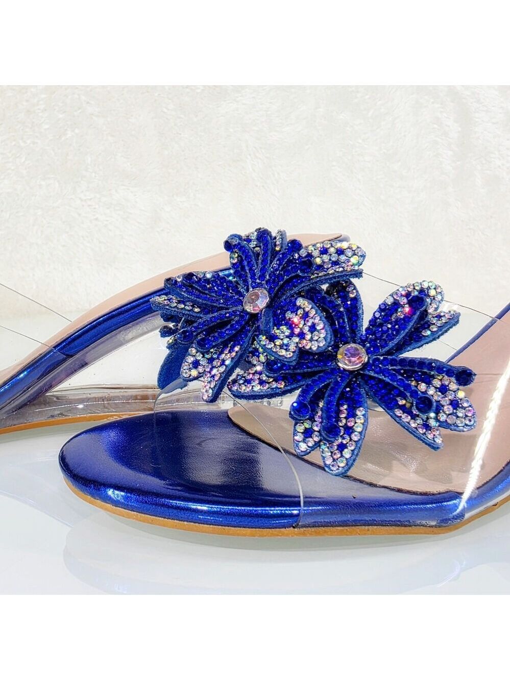 NIB NIB Eva Rhinestone Flower Blue Slip On 2.5" Wedge Heel Casual Party Shoes - Picture 10 of 11